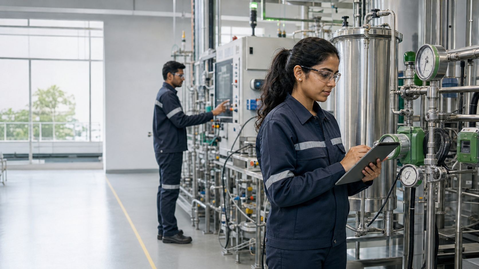 Indian instrumentation engineer using a tablet in a modern process measurement facility