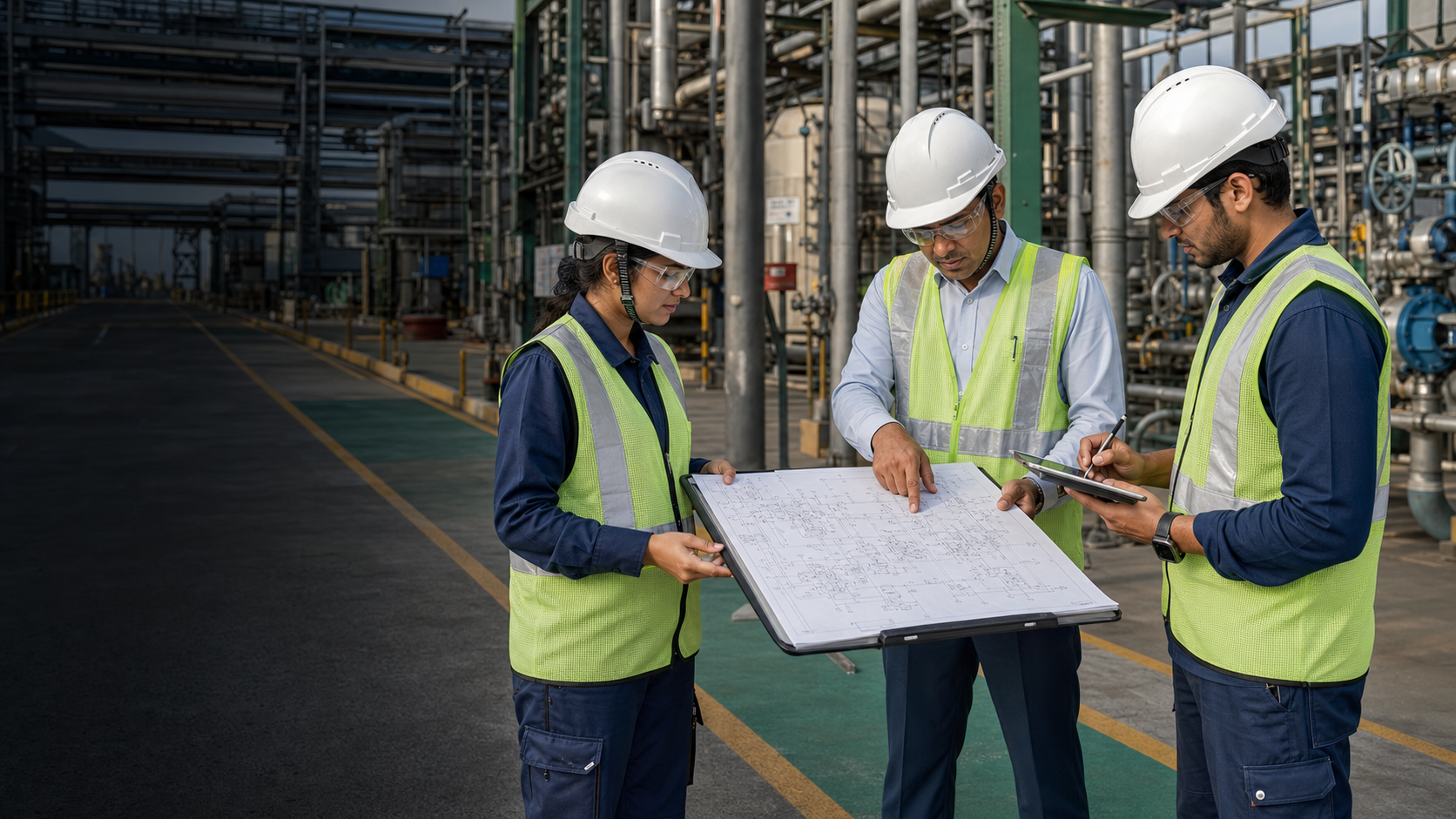 Mezur engineers reviewing a process drawing together inside an industrial plant