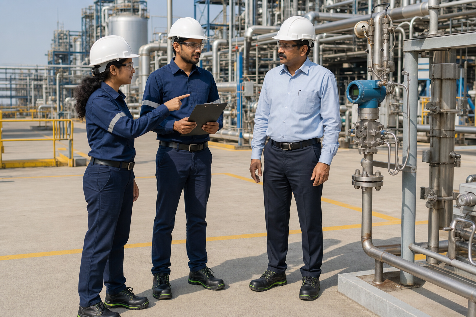 Mezur engineers and a chemical plant client safely discussing an installed process transmitter