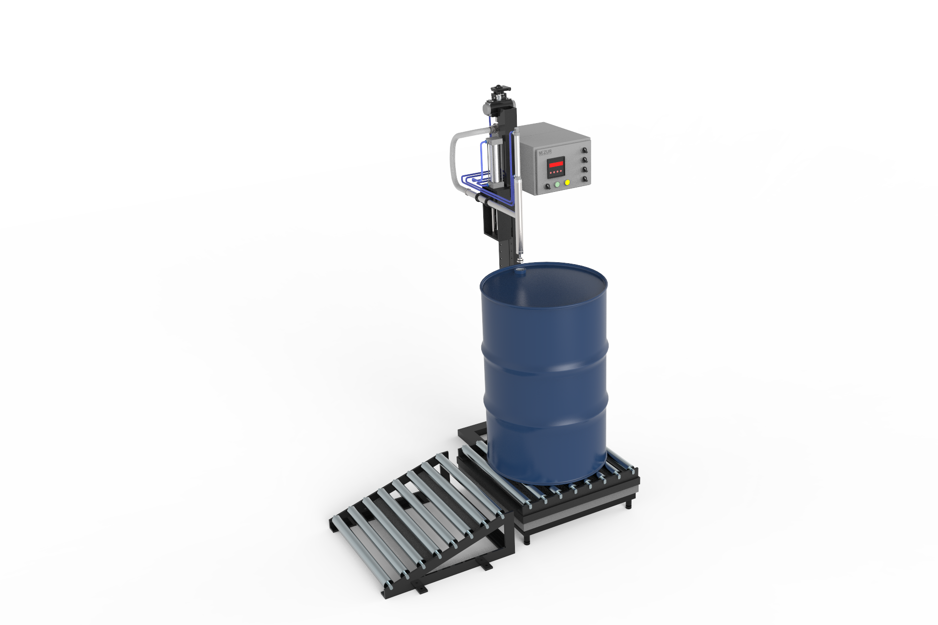 FMDW weight-based drum filling system with filling controller, nozzle, weighing platform and roller conveyor