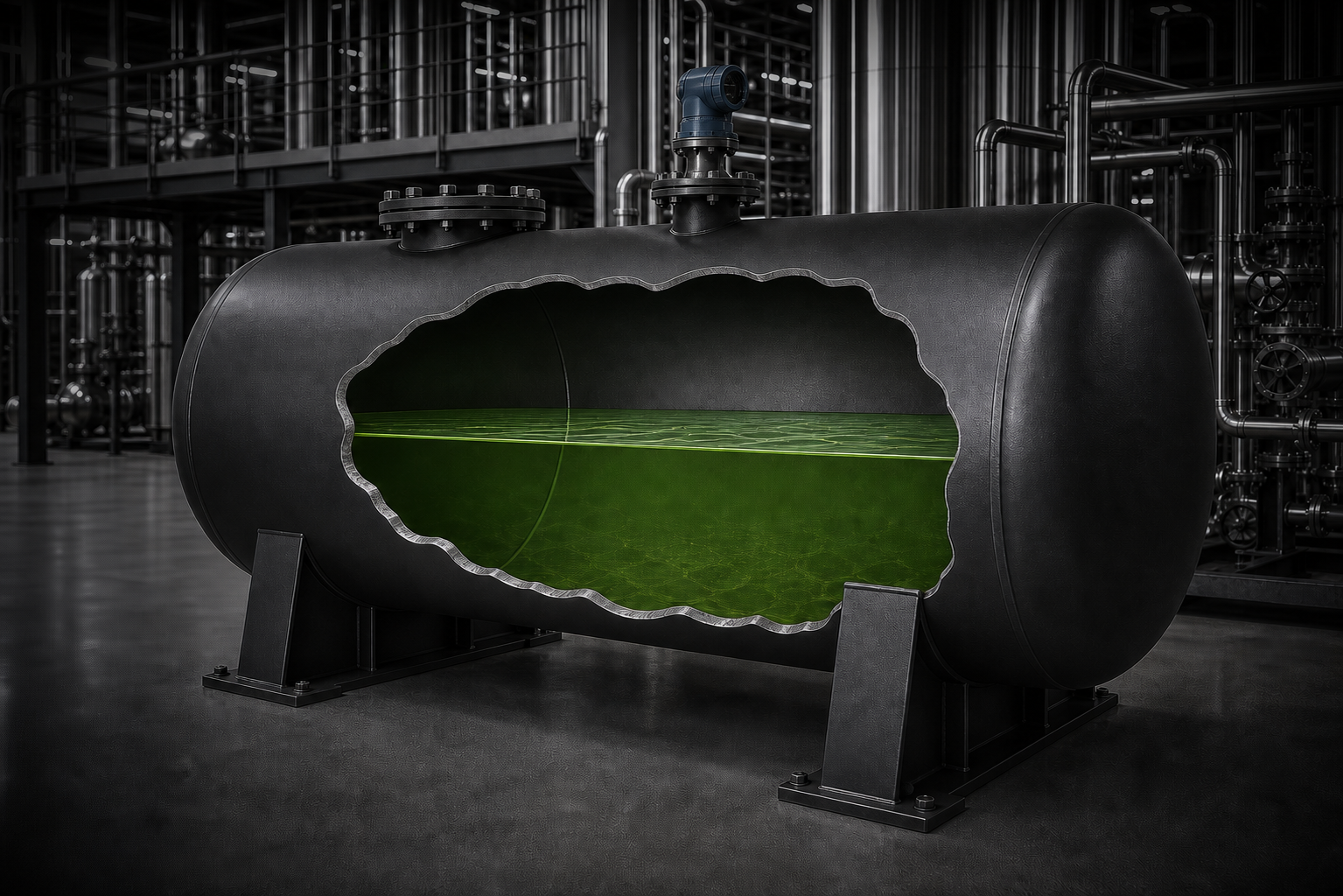 Horizontal tank configured with Mezur LIV volumetric level indication