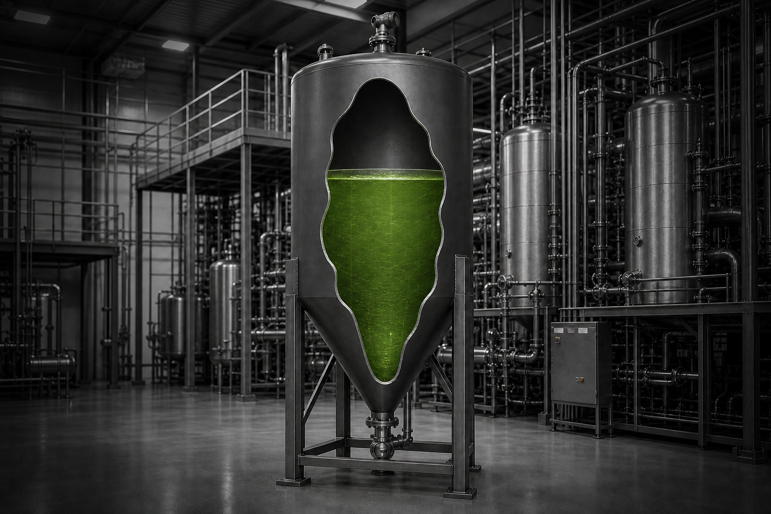 Vertical silo with conical bottom, radar transmitter and liquid cutaway