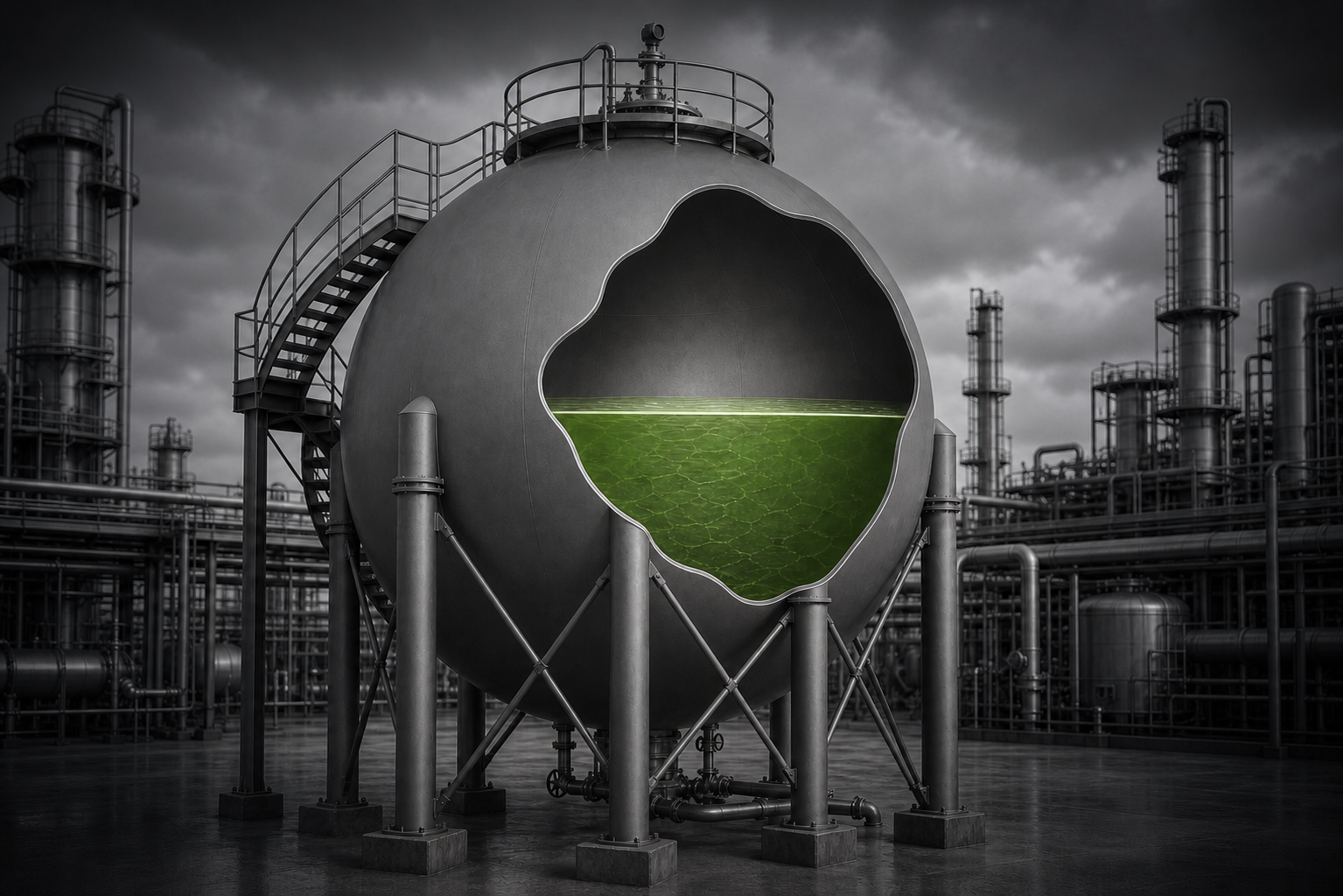 Spherical tank with radar level transmitter and liquid cutaway