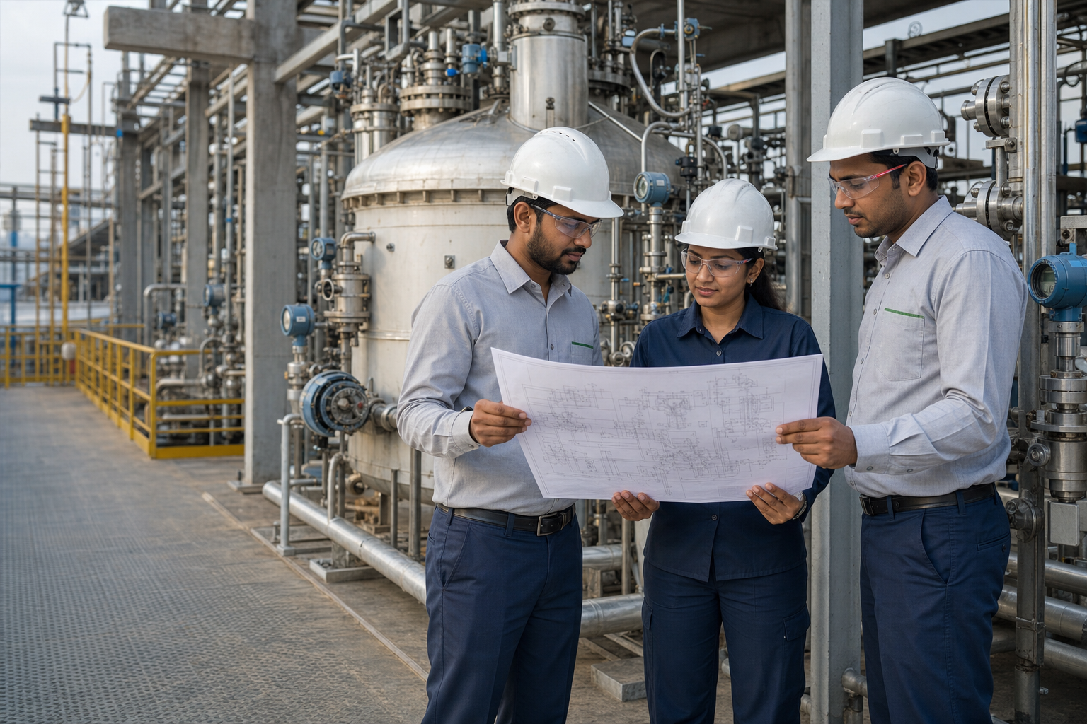 Three Indian process engineers reviewing a P and ID drawing safely at a chemical plant