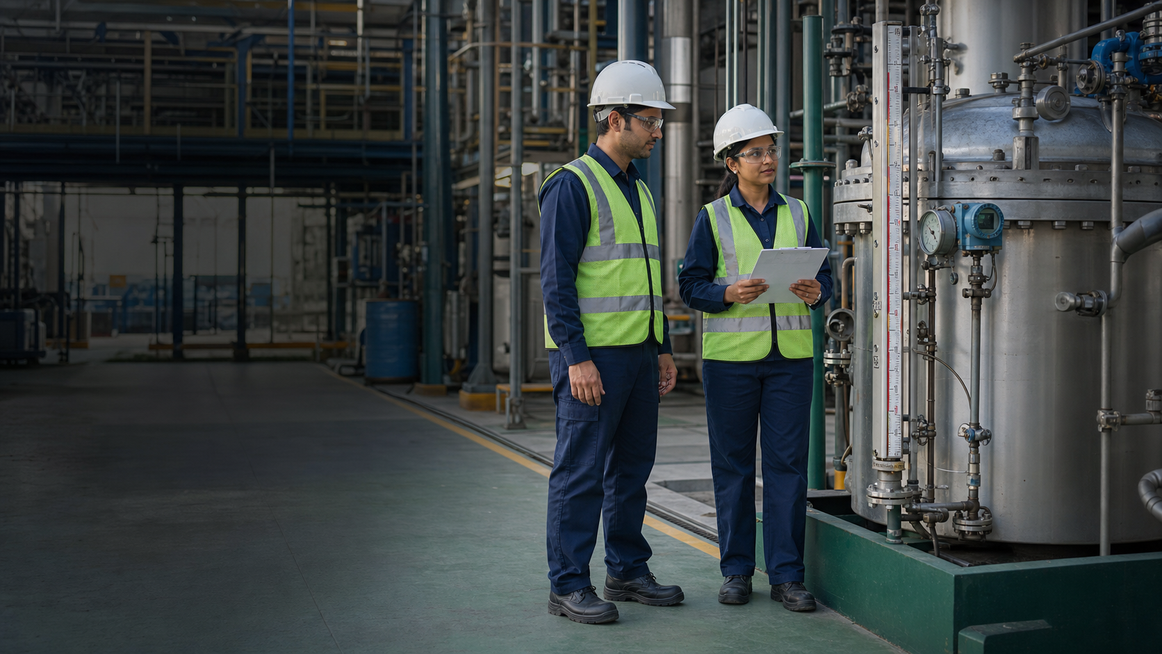 Two young Indian process engineers discussing installed measurement instruments at a chemical plant